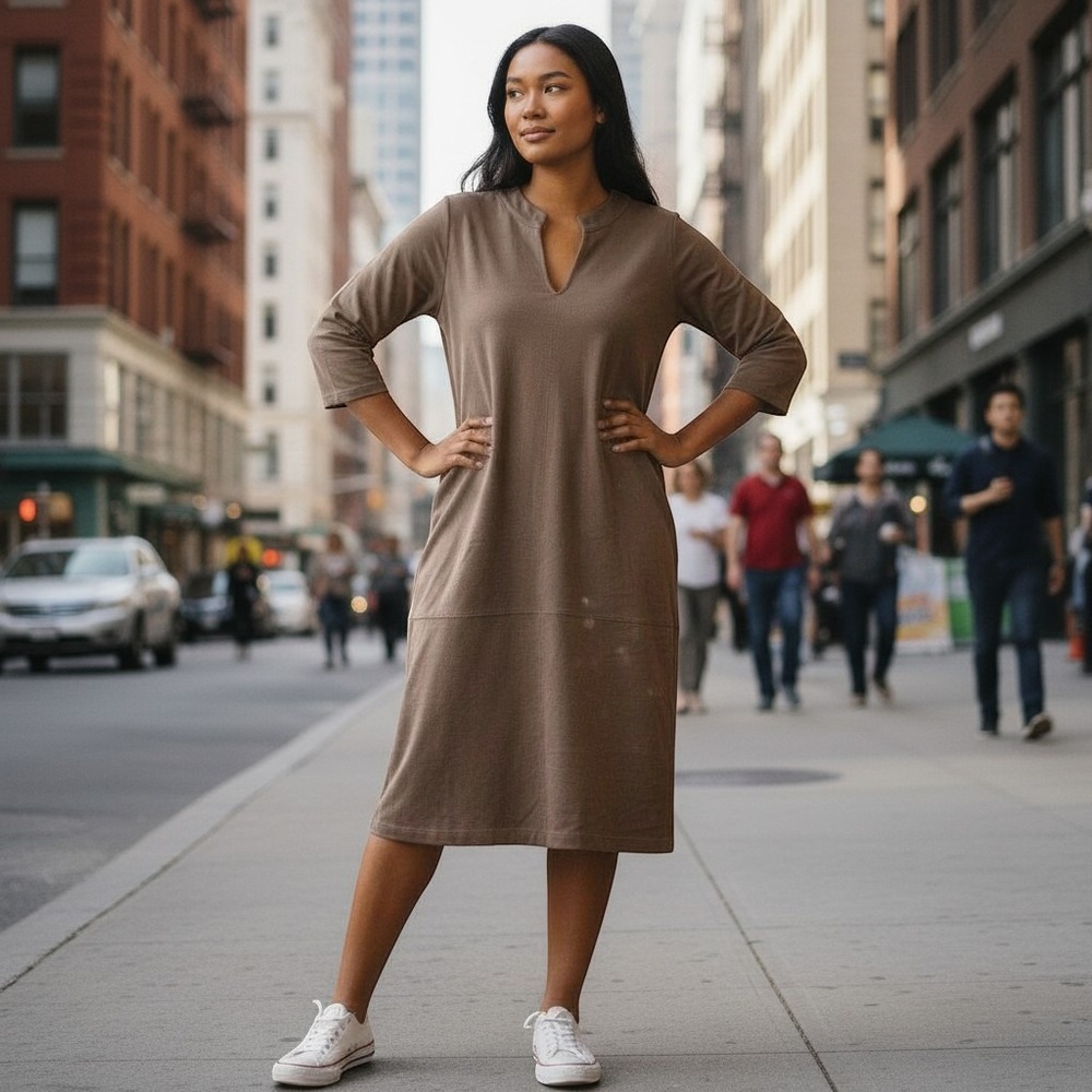 Dear Scarlett MDS-PORTFOLIOR Mocha Brown Split Neck Midi Dress Pockets 2X NEW